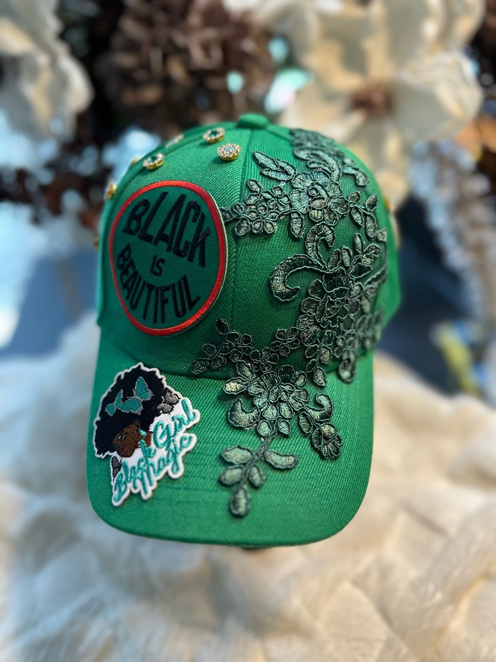 Green Embroidered 'Black Is Beautiful' Patch Baseball Cap